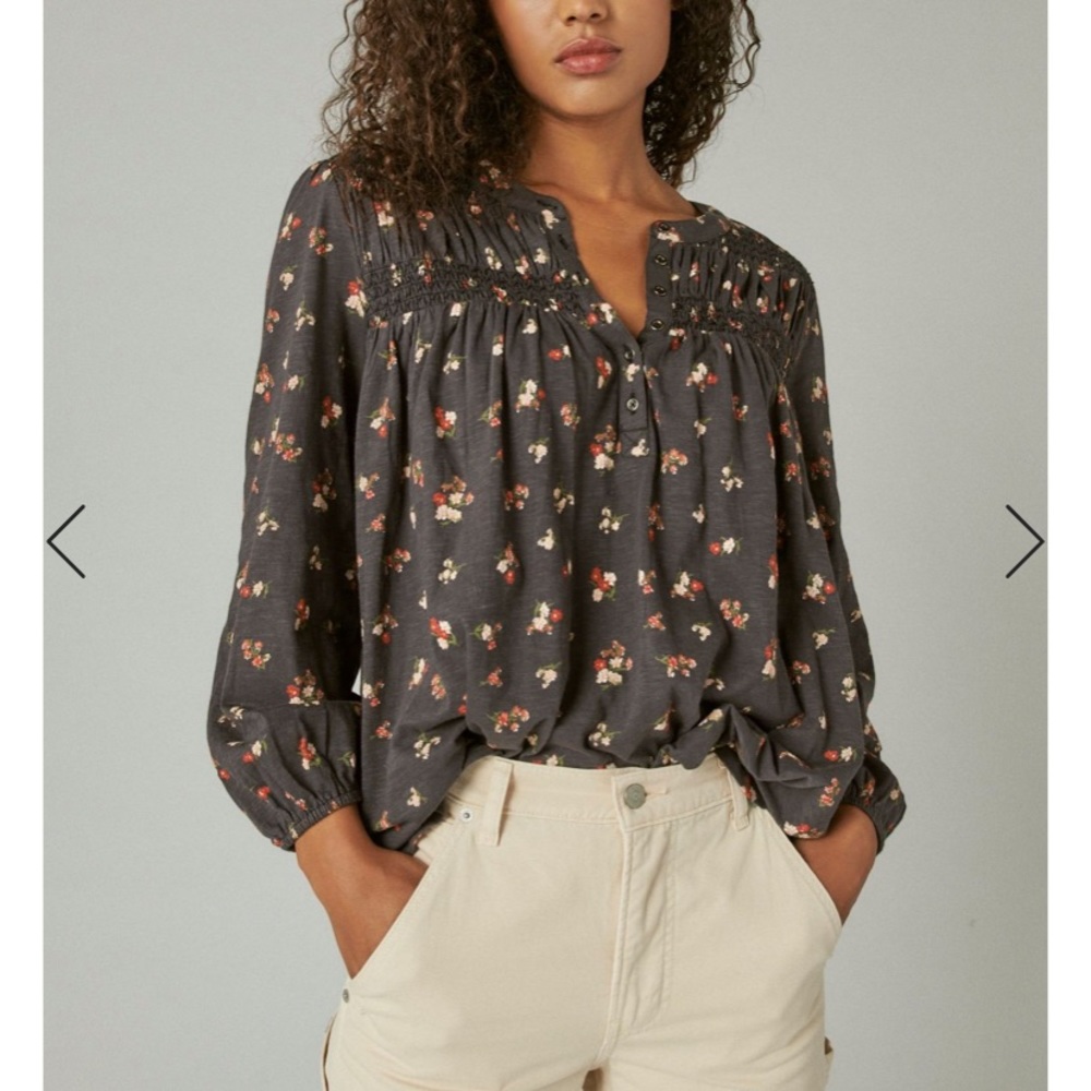 Lucky Brand Long Sleeve Smocked Yoke Floral Top